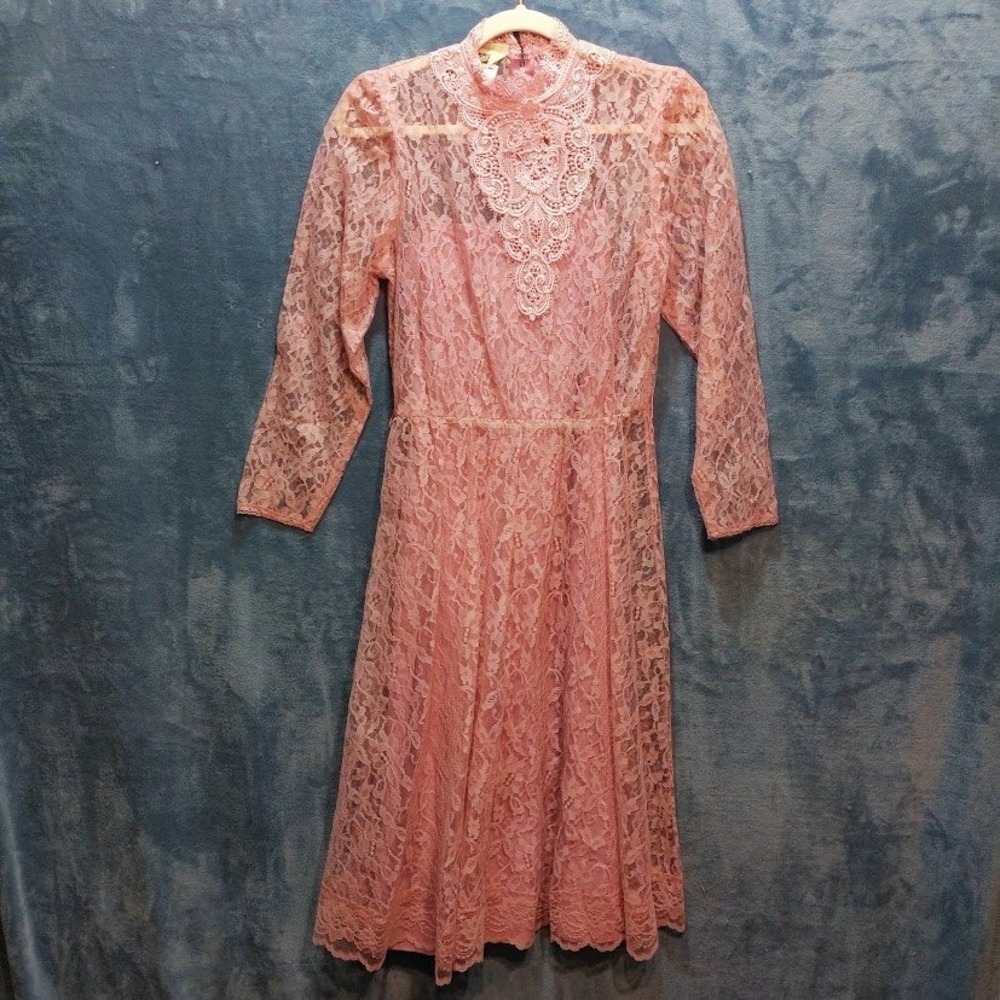 Vintage Sears The Fashion Place Pink Lace Midi Dress Petite 12 Elastic Waist USA